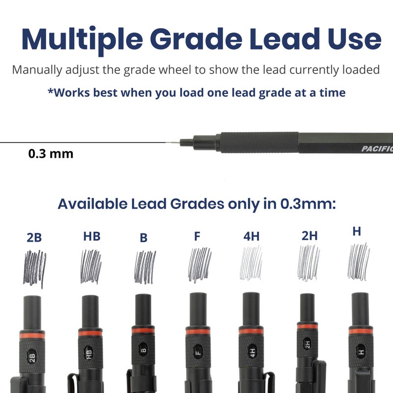 Pacific Arc Chromagraph Metal Mechanical Pencil .3 mm Black Barrel Mechanical Pencil with Built In Lead Pencil Grade Indicator, Lead Pencil Holder for Drafting, Sketching, and Drawing - Image 4
